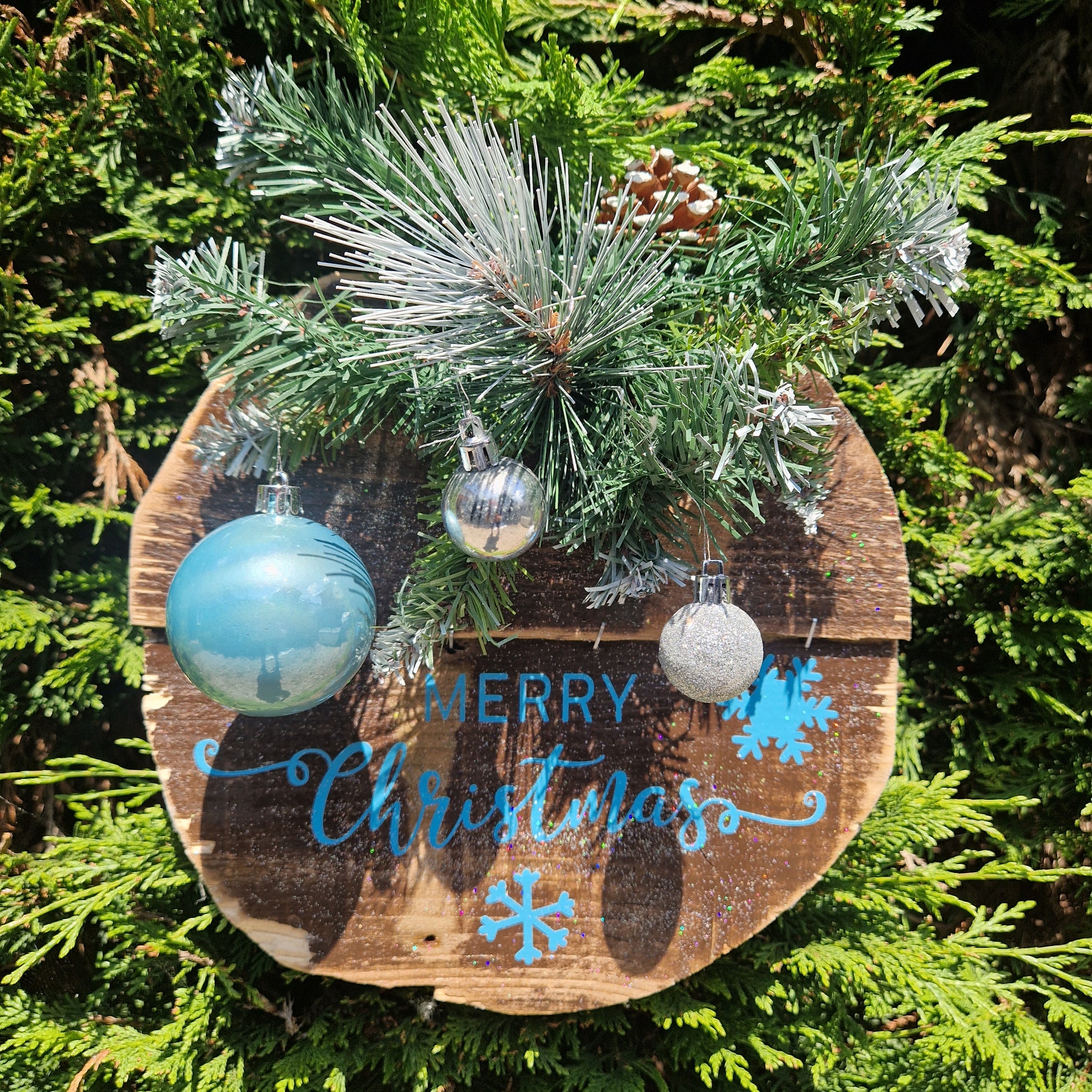 merry christmas wooden sign with ice blue and silver christmas decorations handmade
