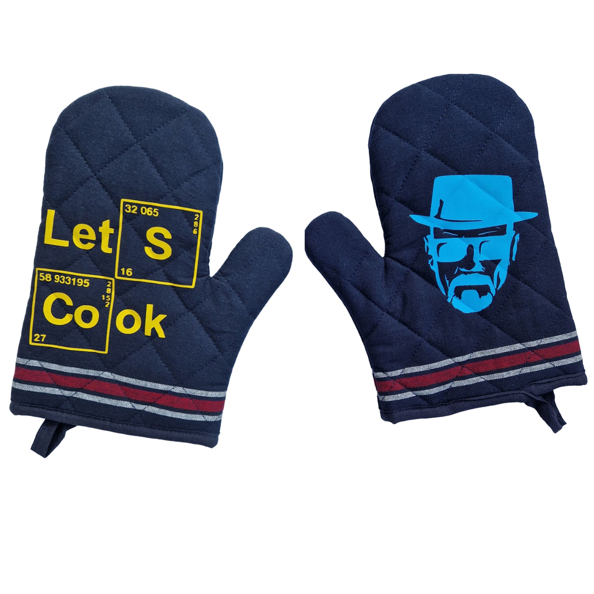 breaking bad blue and yellow vinyl print on pair of blue one size oven gloves
