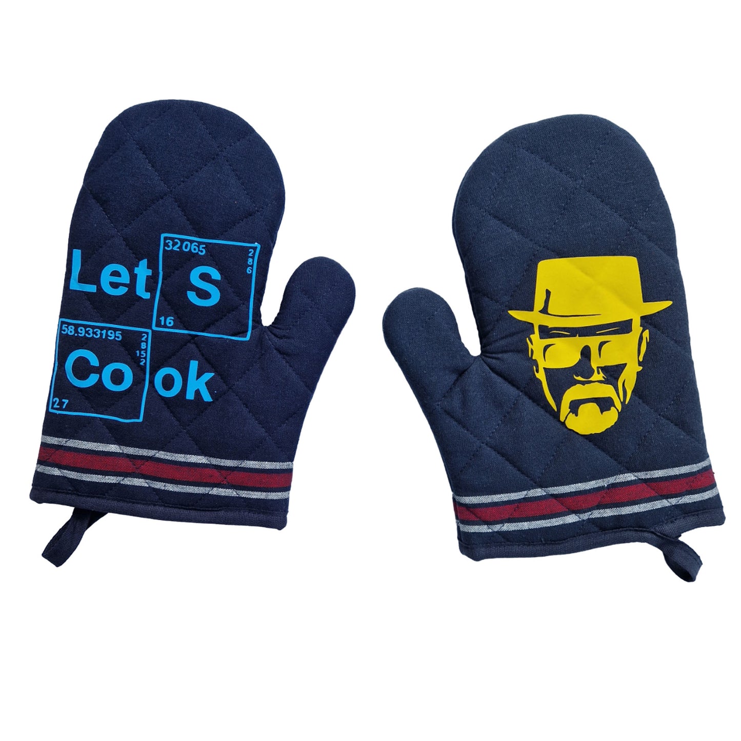 lets cook and heisenberg design oven gloves in blue and yellow