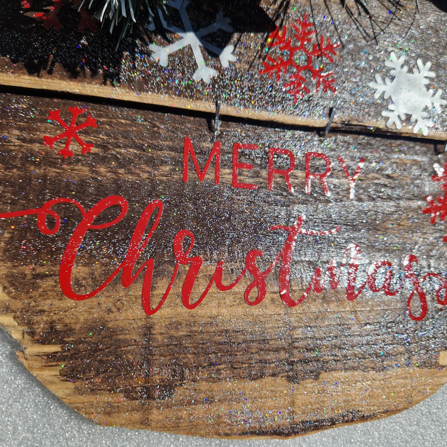 red and white outdoor christmas deocrations with silver vinyl