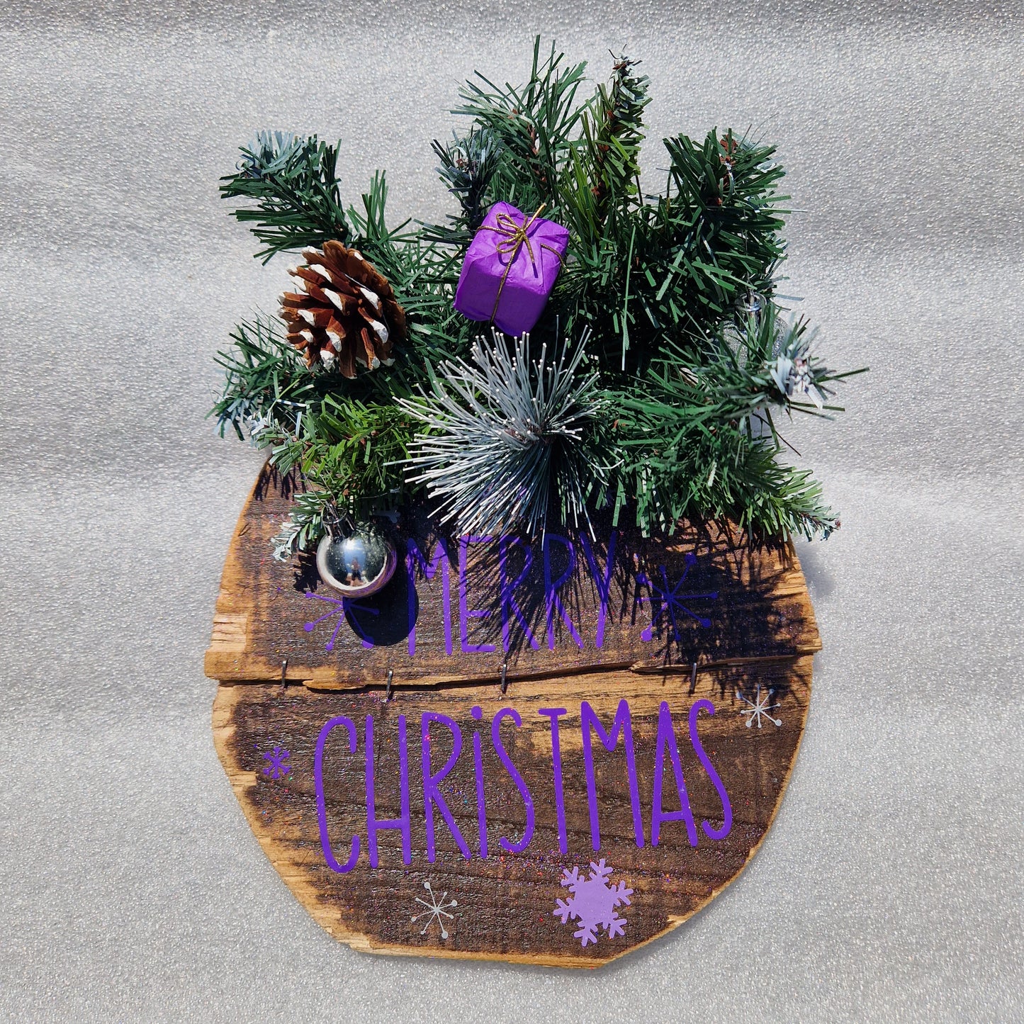 purple christmas decor merry christmas wooden sign with decorative branches and accessories
