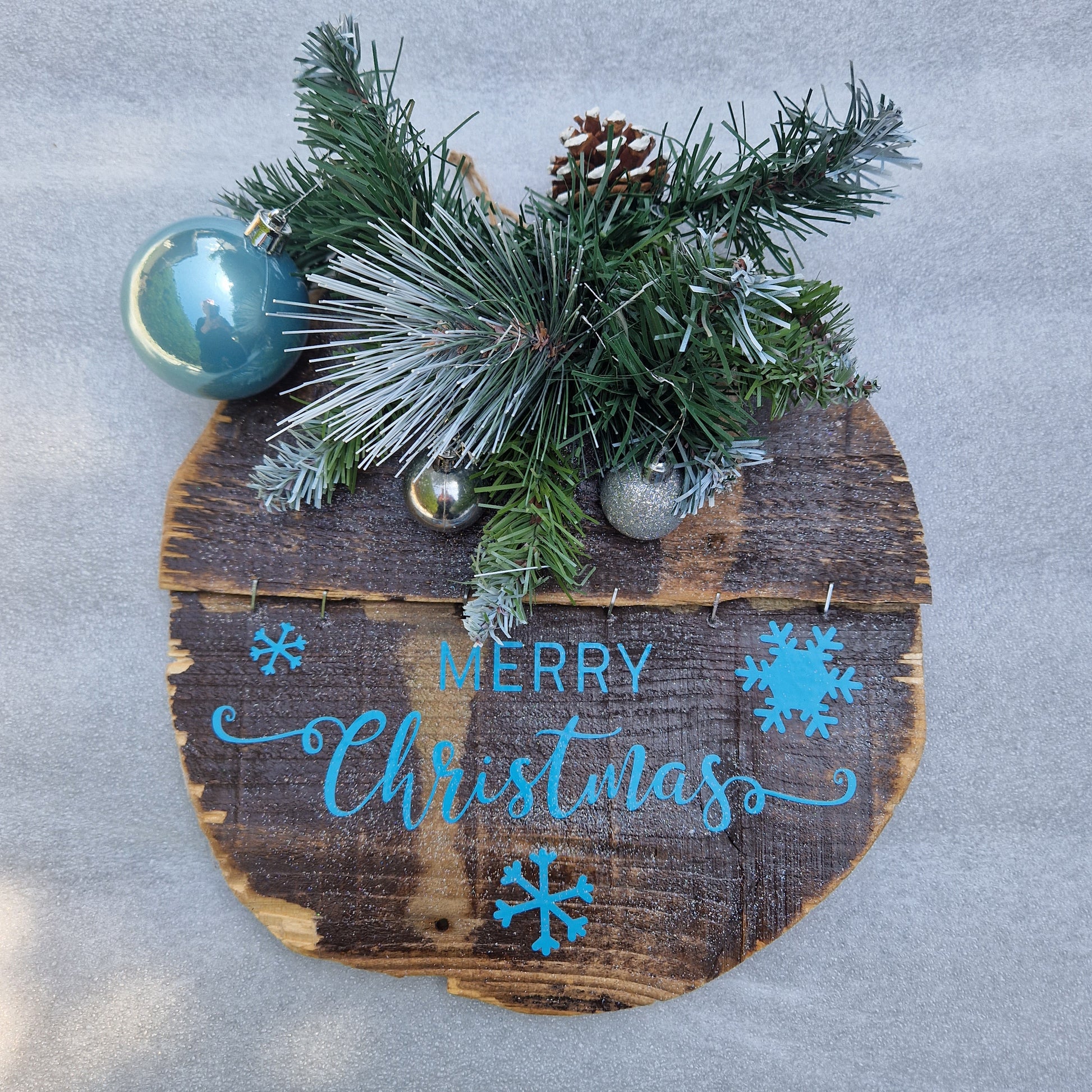 merry christmas wooden sign rustic with silver and blue christmas decorations
