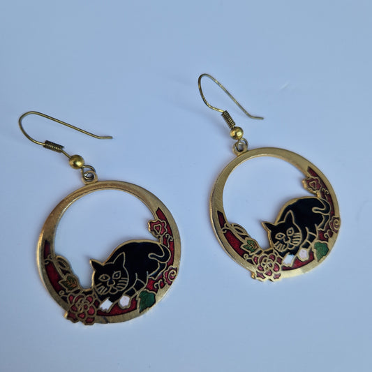 vintage drop earrings, cloisonne jewellery, black cat design