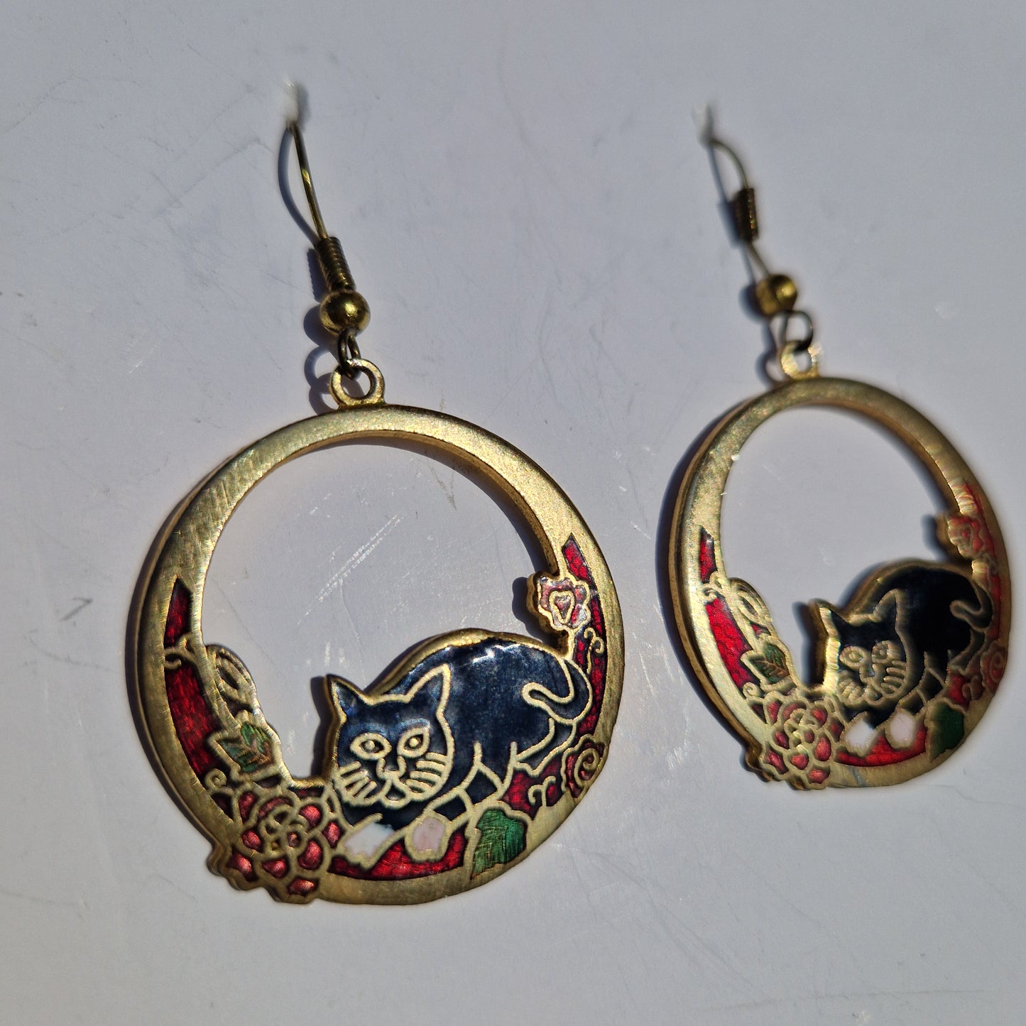 vintage drop earrings, cloisonne jewellery, black cat design