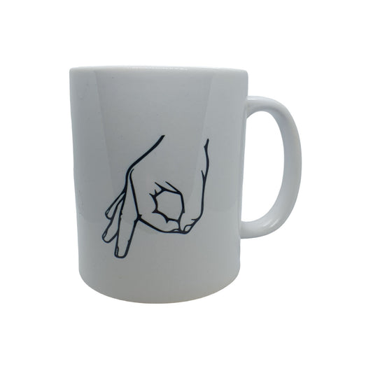 the circle game mug with ok hand gesture print silhouette in black