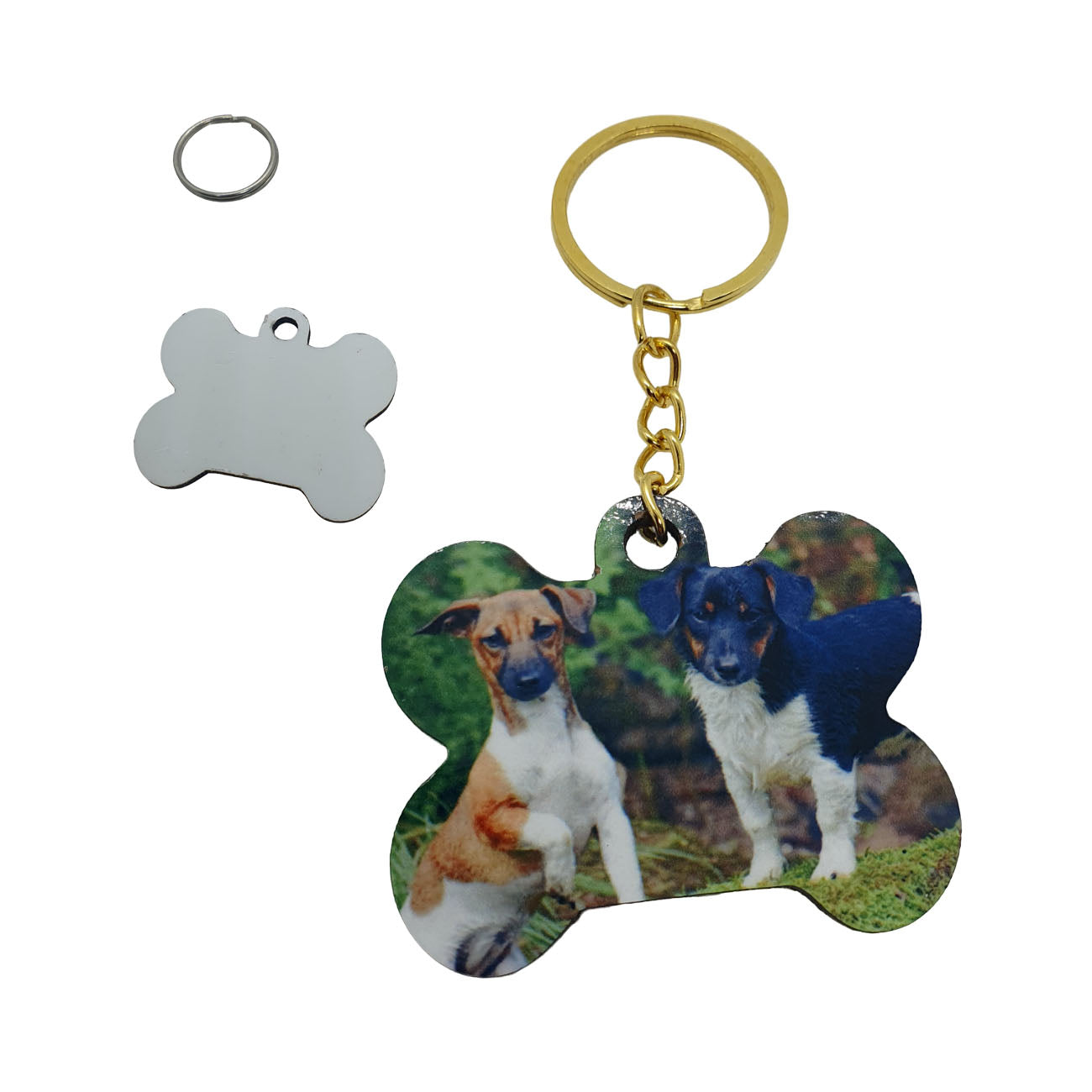 bone shaped keyring with image of two dogs