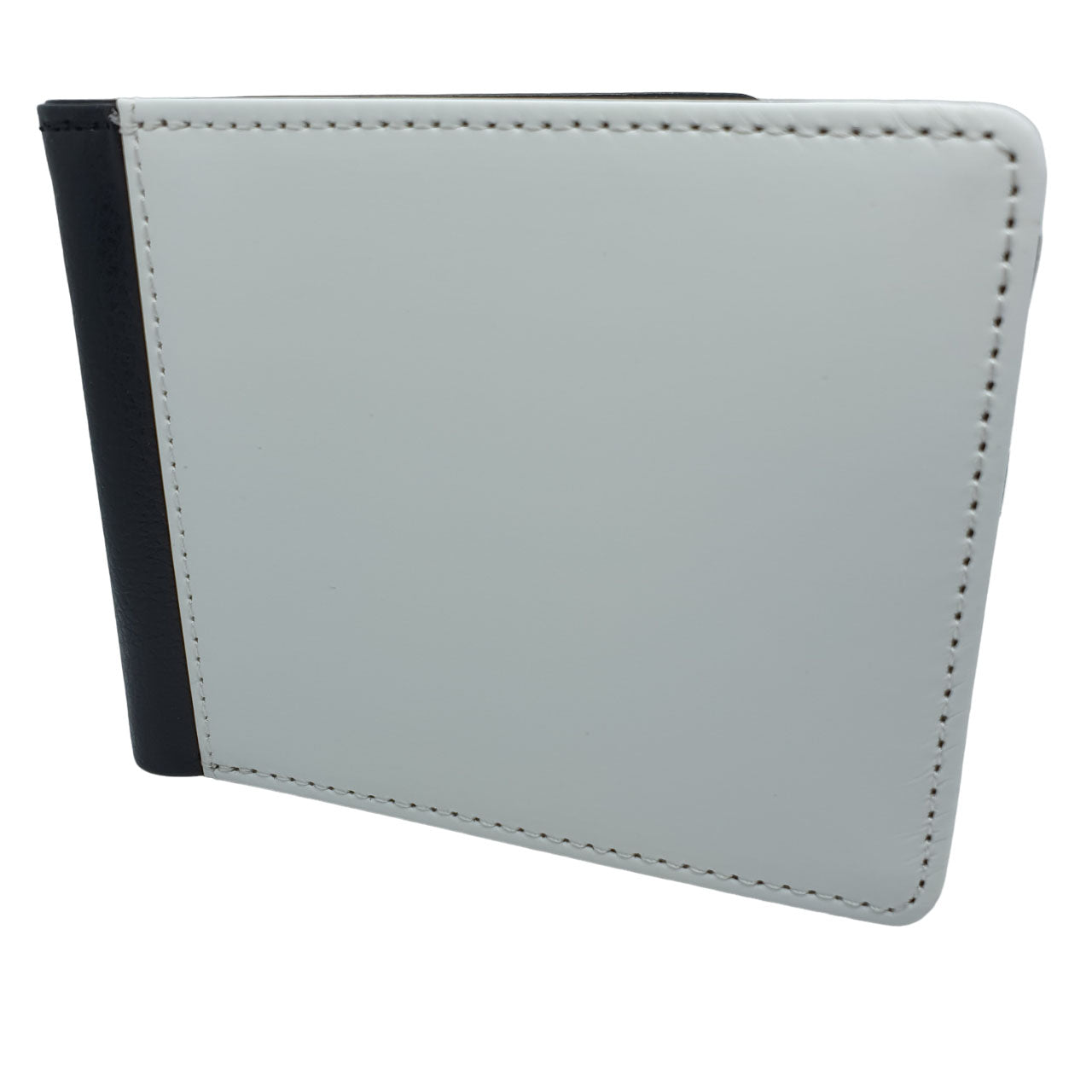 front of open pu leather wallet with white blank front and concise stitching