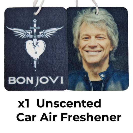 showing both sides of double sided air freshener personalised music gifts | bon jovi heart logo | jon bongiovi | x1 unit