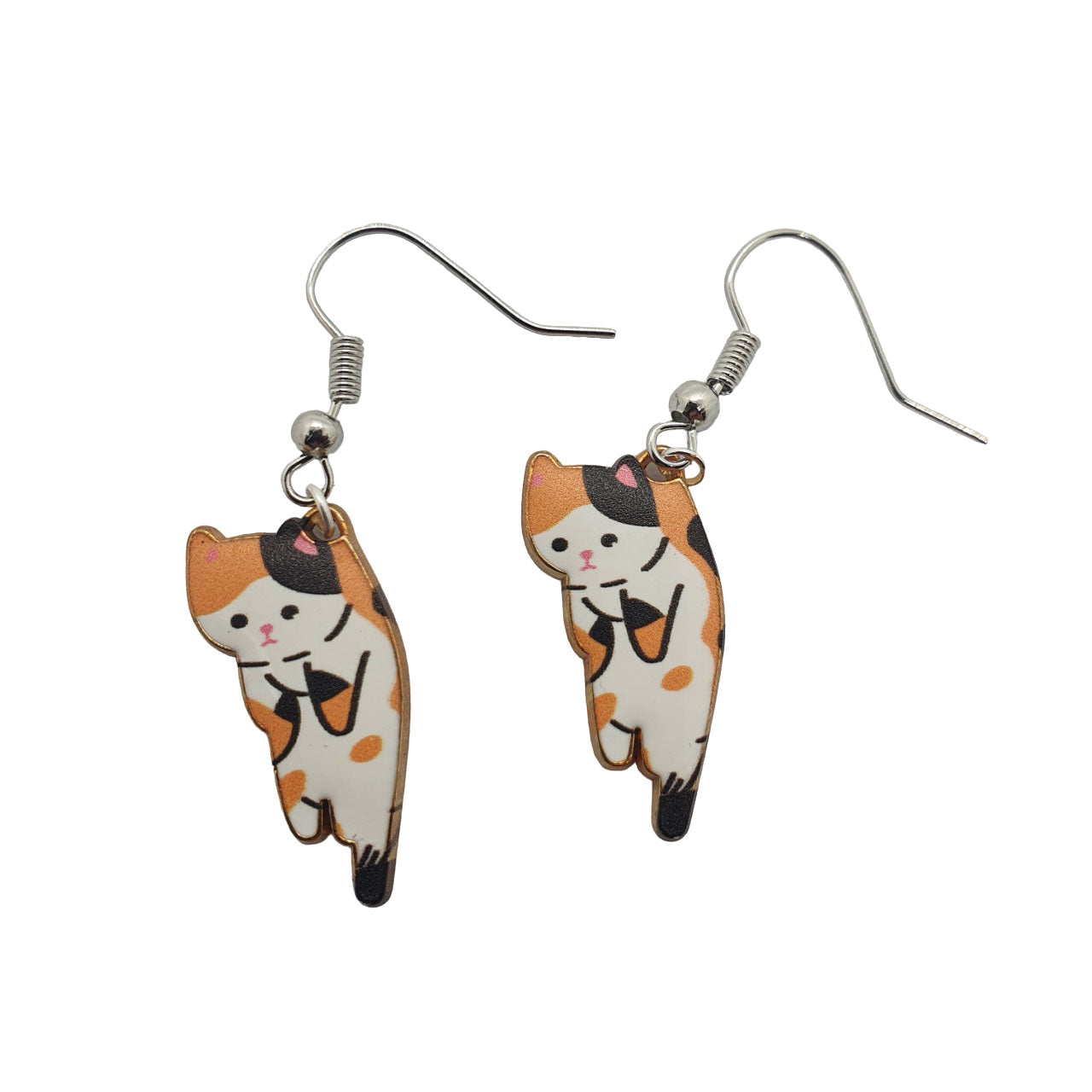 calico cat earrings, ginger, black and white cat with fishhook, ball and spring, handmade cat earrings
