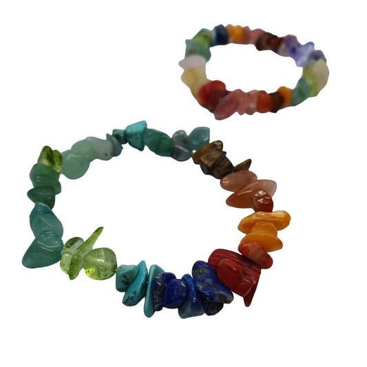 elasticated bracelet with irregular crystals in shades of green, blue, red, orange and brown