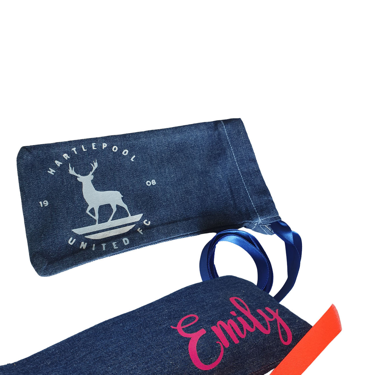 hartlepool fc fan art on blue ribbon sunglasses pouch, showing the name "Emily" on a pink ribbon sunglasses pouch