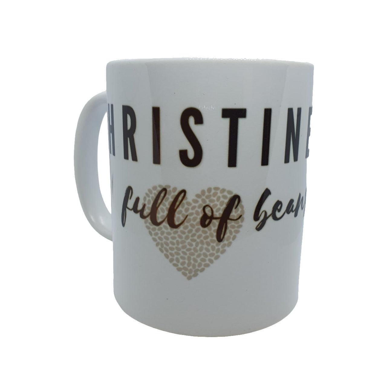 christine mug with coffee bean heart