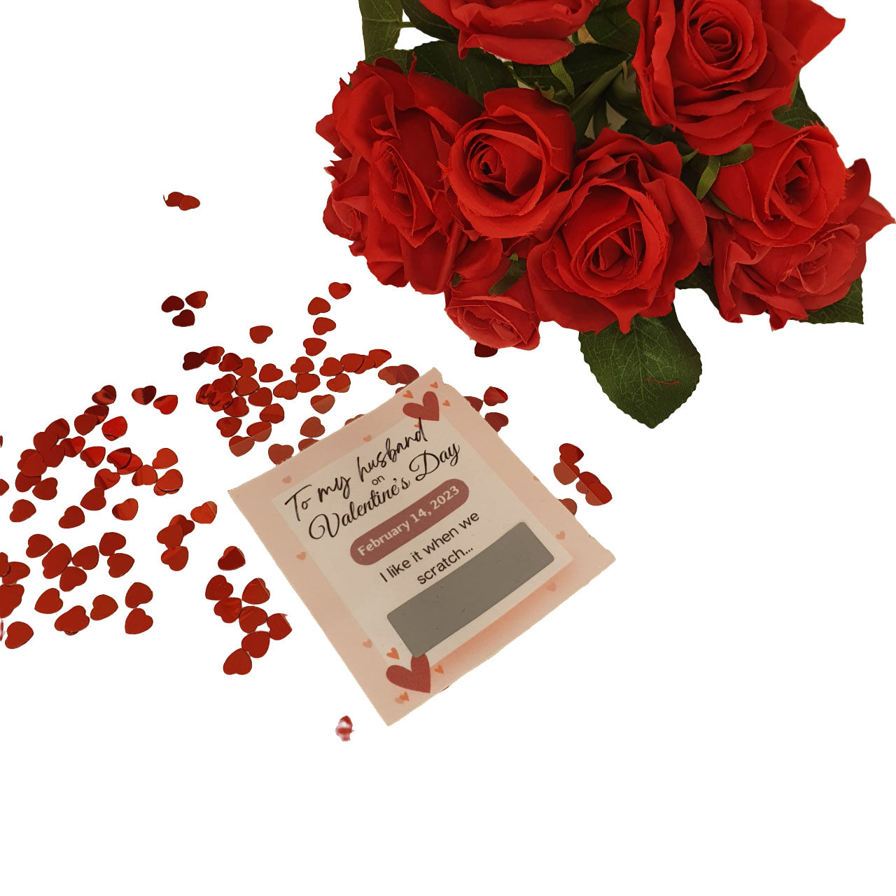 valentines scratchcard in scene with red flowers and heart confetti