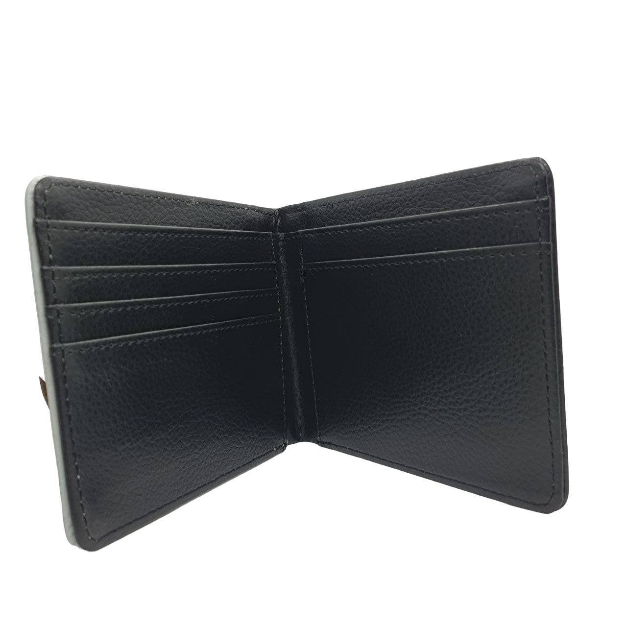 open wallet black leather effect with slots for cards and cash