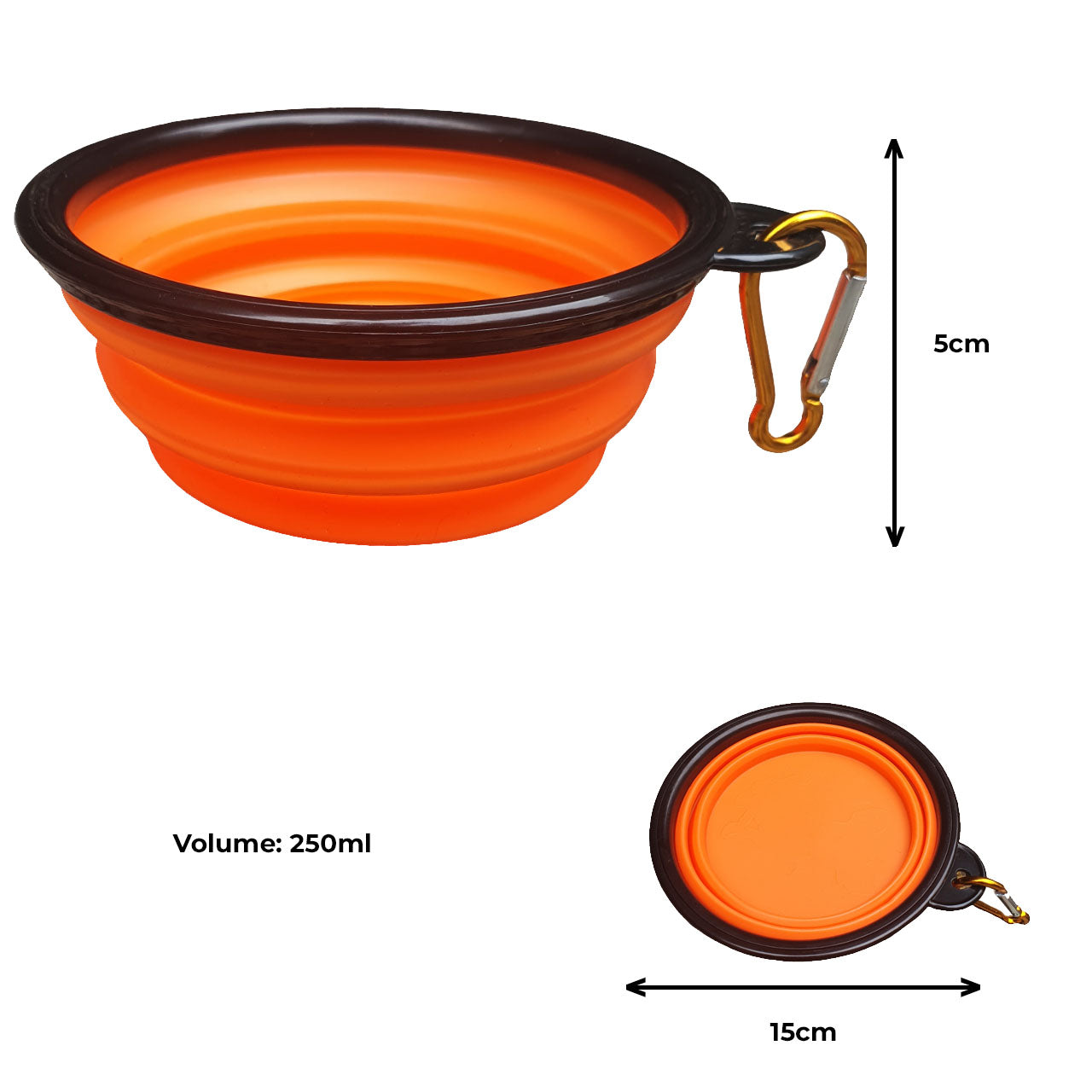 orange travel pet bowl with matching carabiner clip