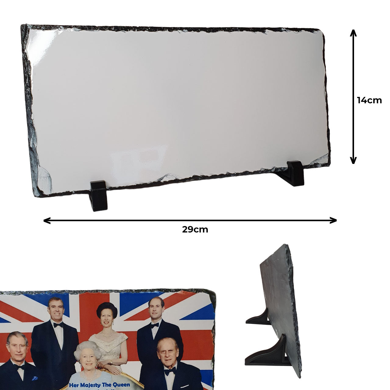 home decor photo slate blank 20 x 14cm on black plastic stands, also shows back of item and print quality example