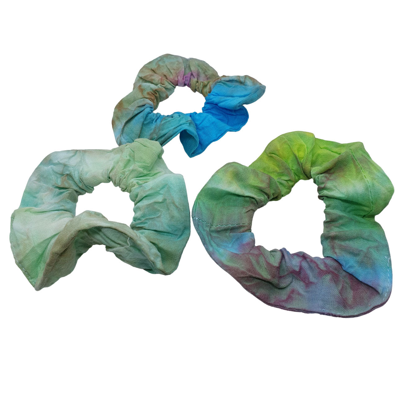 tie dyed hair bobbles in shades of green and blue