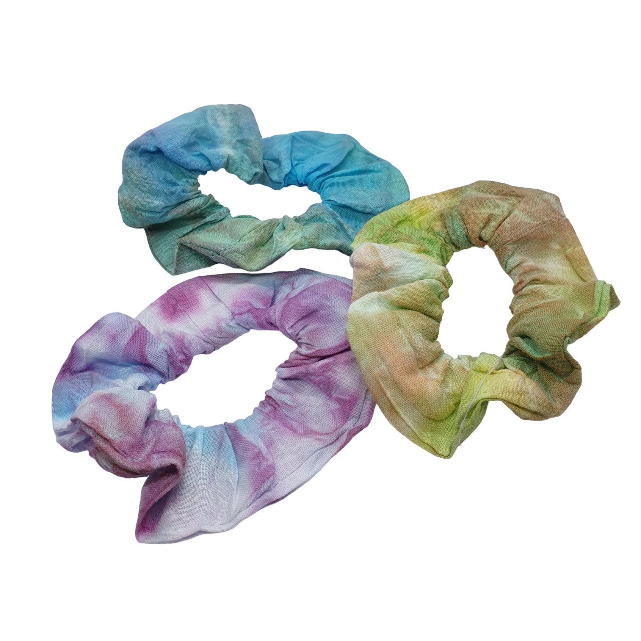 elasticated hair bobbles in blue, pink and green, tie dye effects