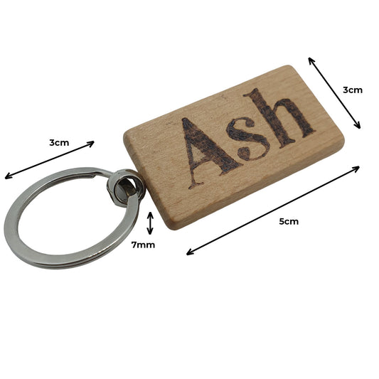 personalised name keyring, 'ash' wood-burned onto keyring by hand using pyrography tool